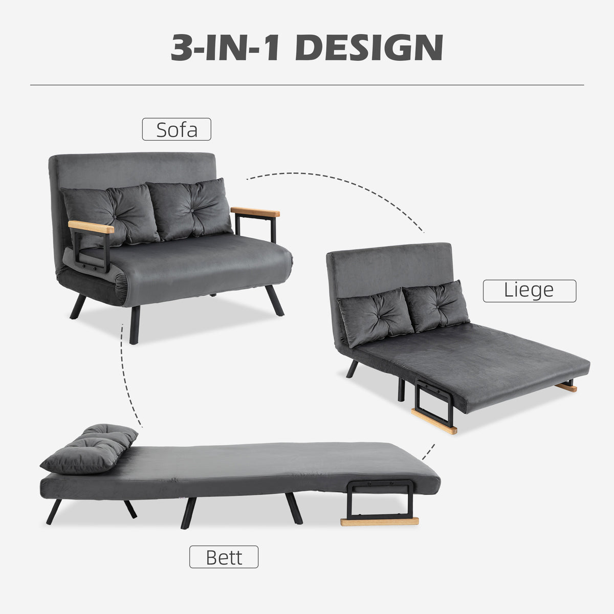 HOMCOM Schlafsofa 2er-Sofa Samtsofa, Schlaffunktion, inkl. 2 Kissen, Samtoptik, Natur + Dunkelgrau + – Produktabbildung 4