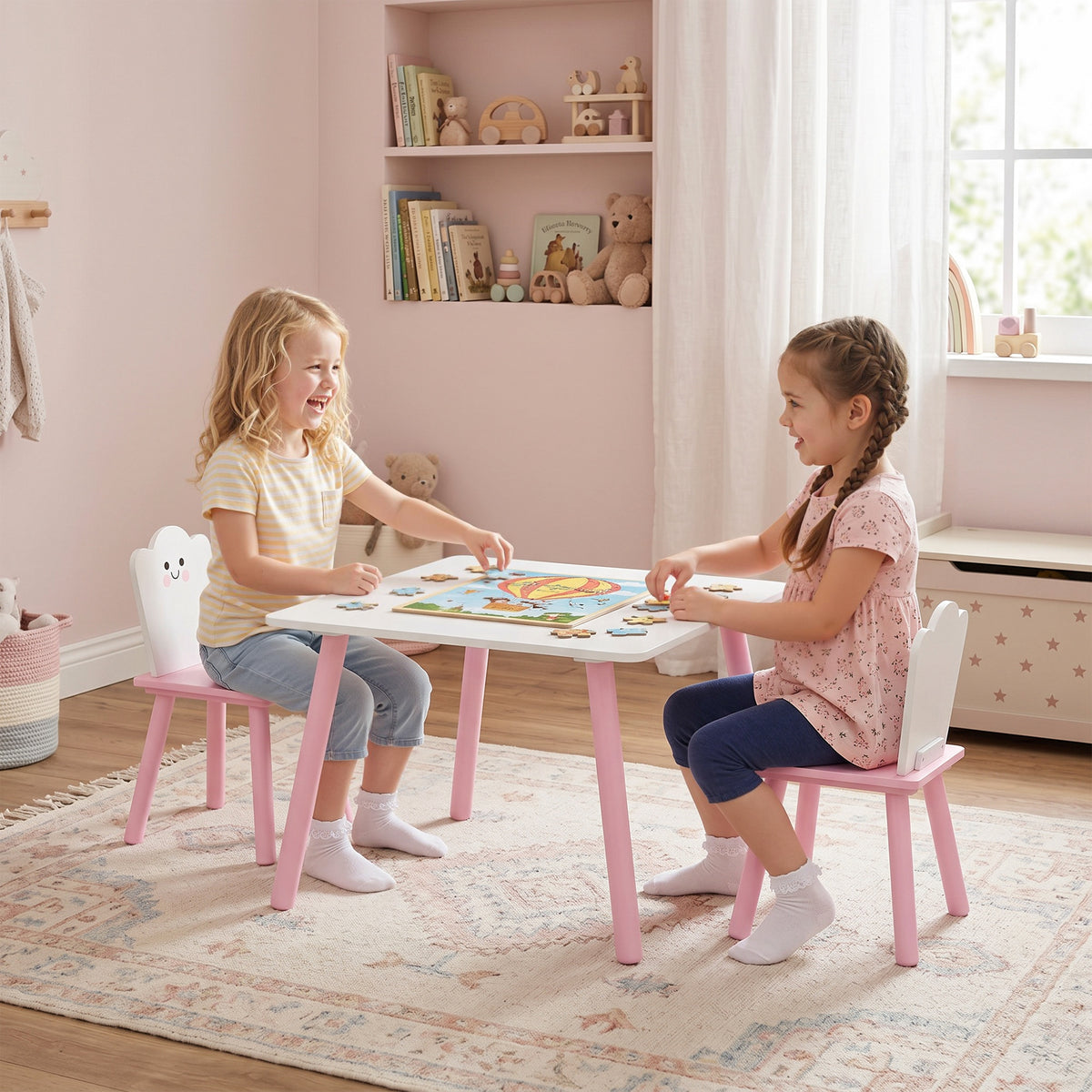 Kindertisch und Stuhl Set 3-teilig, 1 Tisch 2 Stühle, Rosa und Weiß – Produktabbildung 2