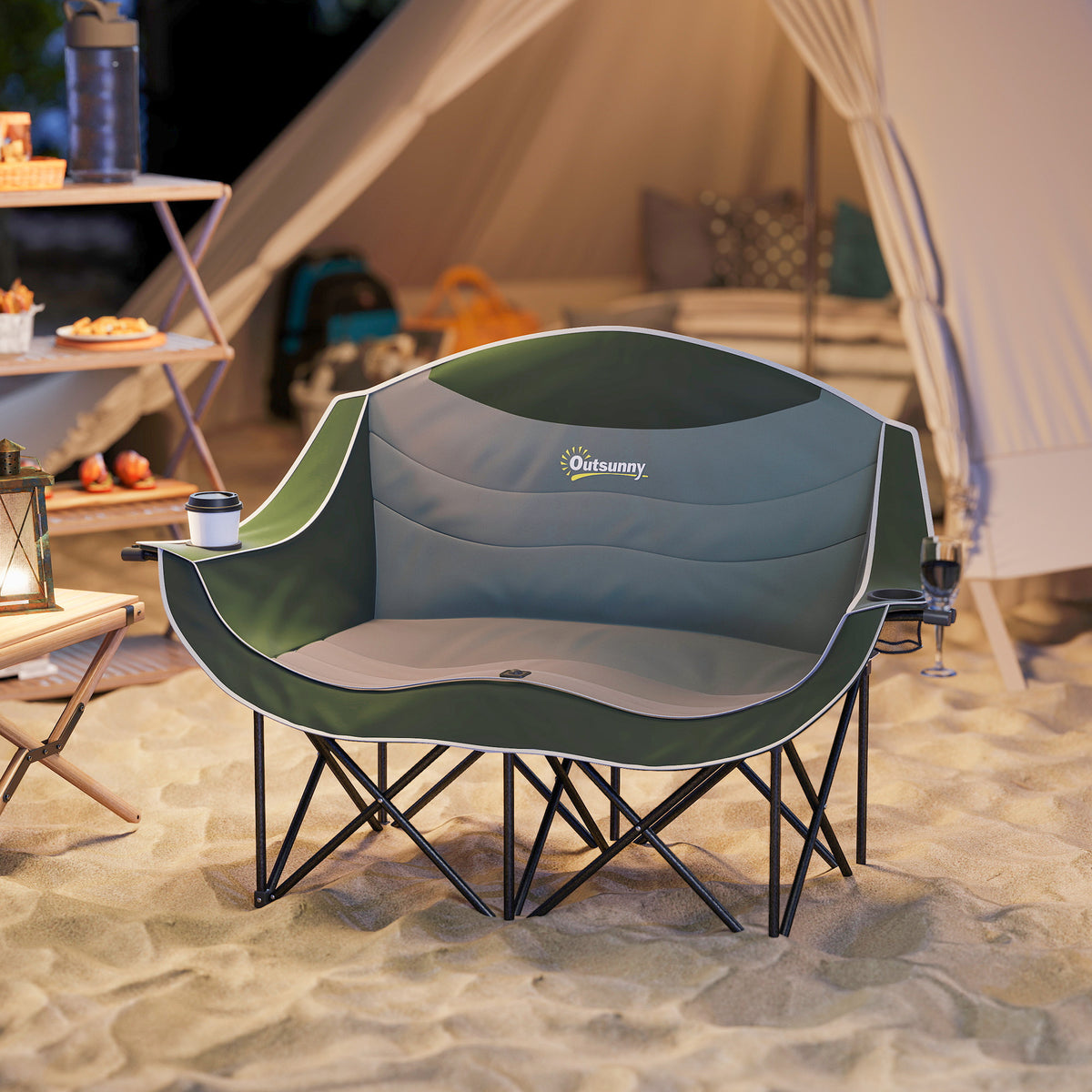 Outsunny Faltstuhl faltbar 2 Sitzer Campingstuhl mit Getränkehalter Tragetasche bis 250kg belastbar Grün – Produktabbildung 2