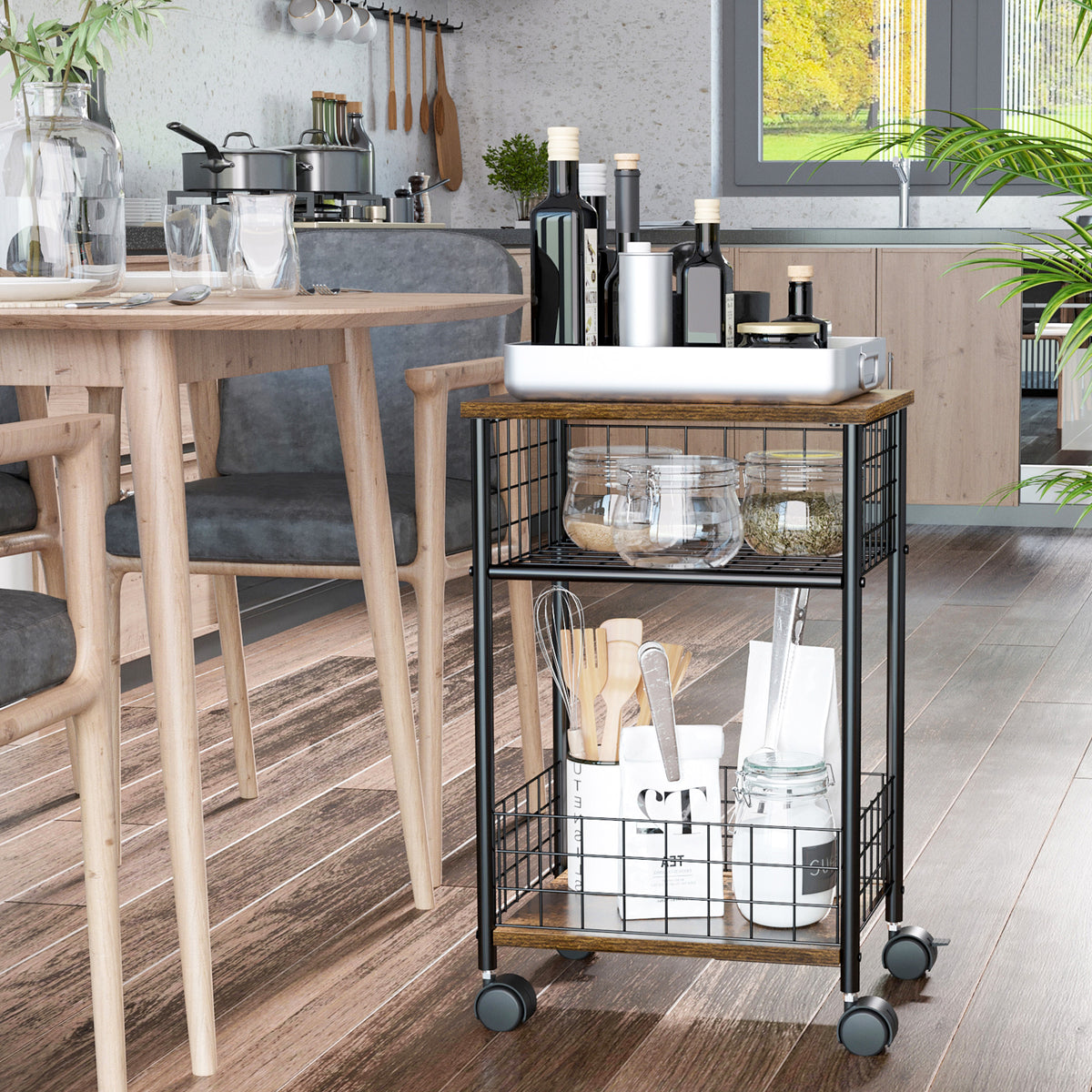 HOMCOM Küchenwagen im Industriedesign 1 Regal 1 Aufbewahrungskorb 4 Räder 40 cm x 30 cm x 62 cm Stahl – Produktabbildung 2