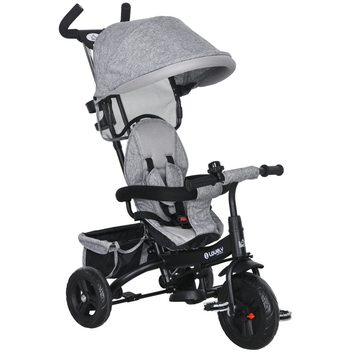 HOMCOM 6-in-1 Kinderdreirad mit Schiebestange, Dach, Gurt, Ablagekorb, für 1-5 Jahre, Grau