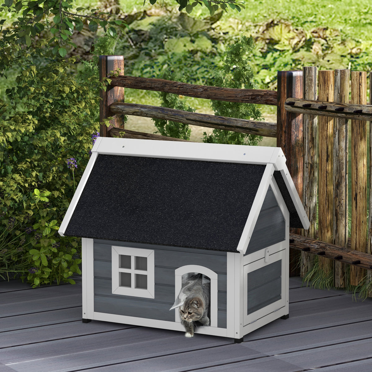 PawHut Katzenhaus, wetterfest, mit Fenster, 77x57,5x68cm (außer Asphaltdach), Grau/Weiß/Schwarz – Produktabbildung 2