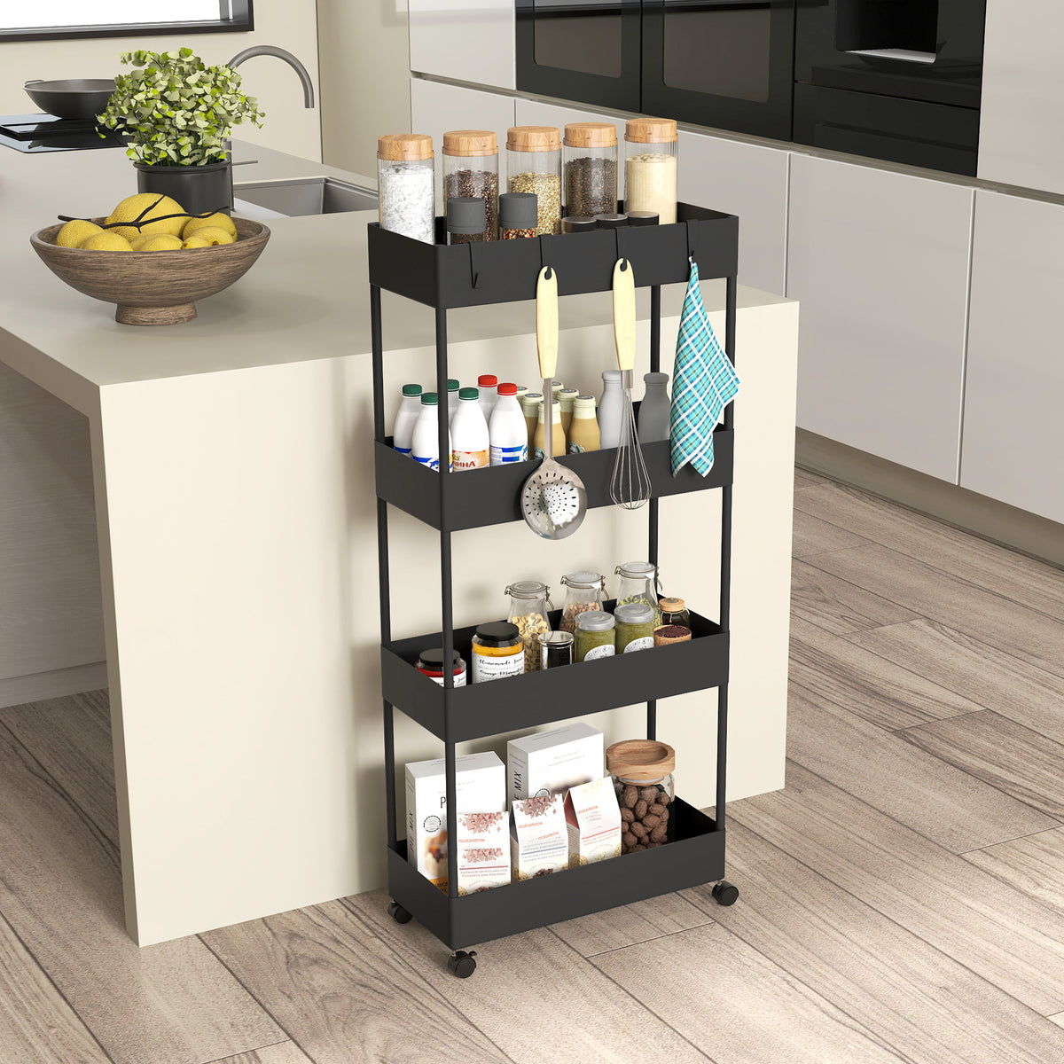 HOMCOM Küchenwagen mit 4 Regalen, 4 flexiblen Haken, 4 Rollen, 40 cm x 19 cm x 90 cm, Nischenwagen – Produktabbildung 9