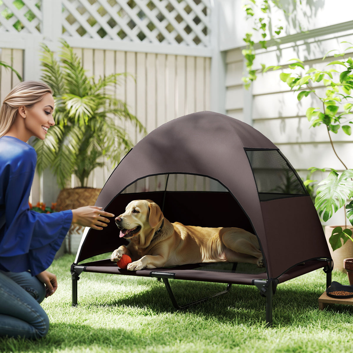 PawHut Hundeliege Outdoor mit Dach, Erhöhtes Hundebett für Große Hunde, 91 x 76 x 90 cm, Kaffee – Produktabbildung 2
