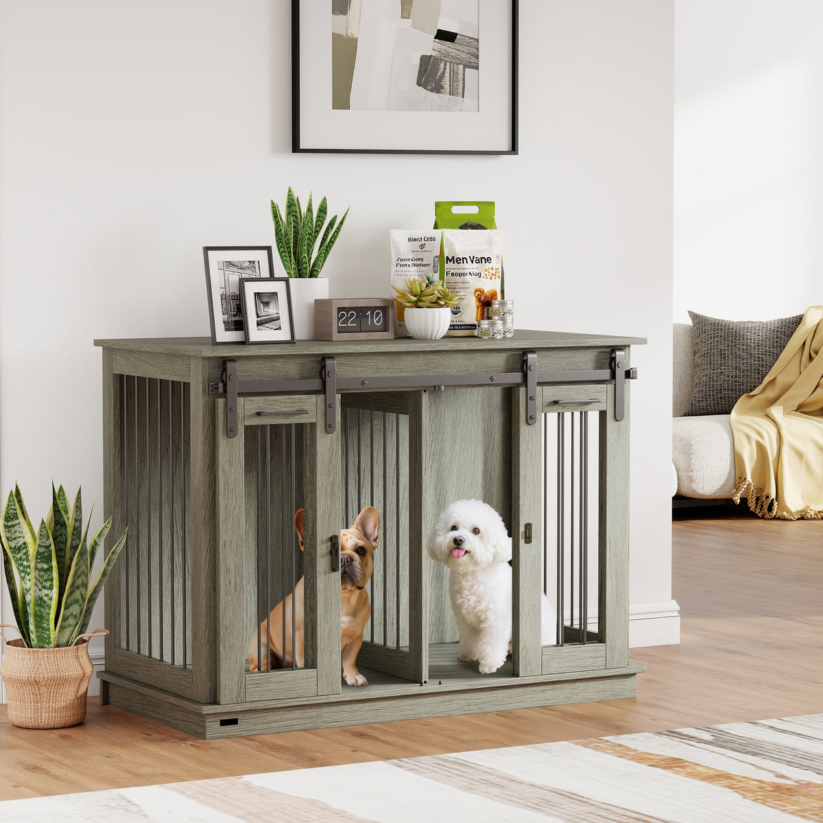 PawHut Hundekäfig mit 2 Türen, Hundebox, Transportbox für Hunde, rustikales Design, verriegelbar, Grau – Produktabbildung 2