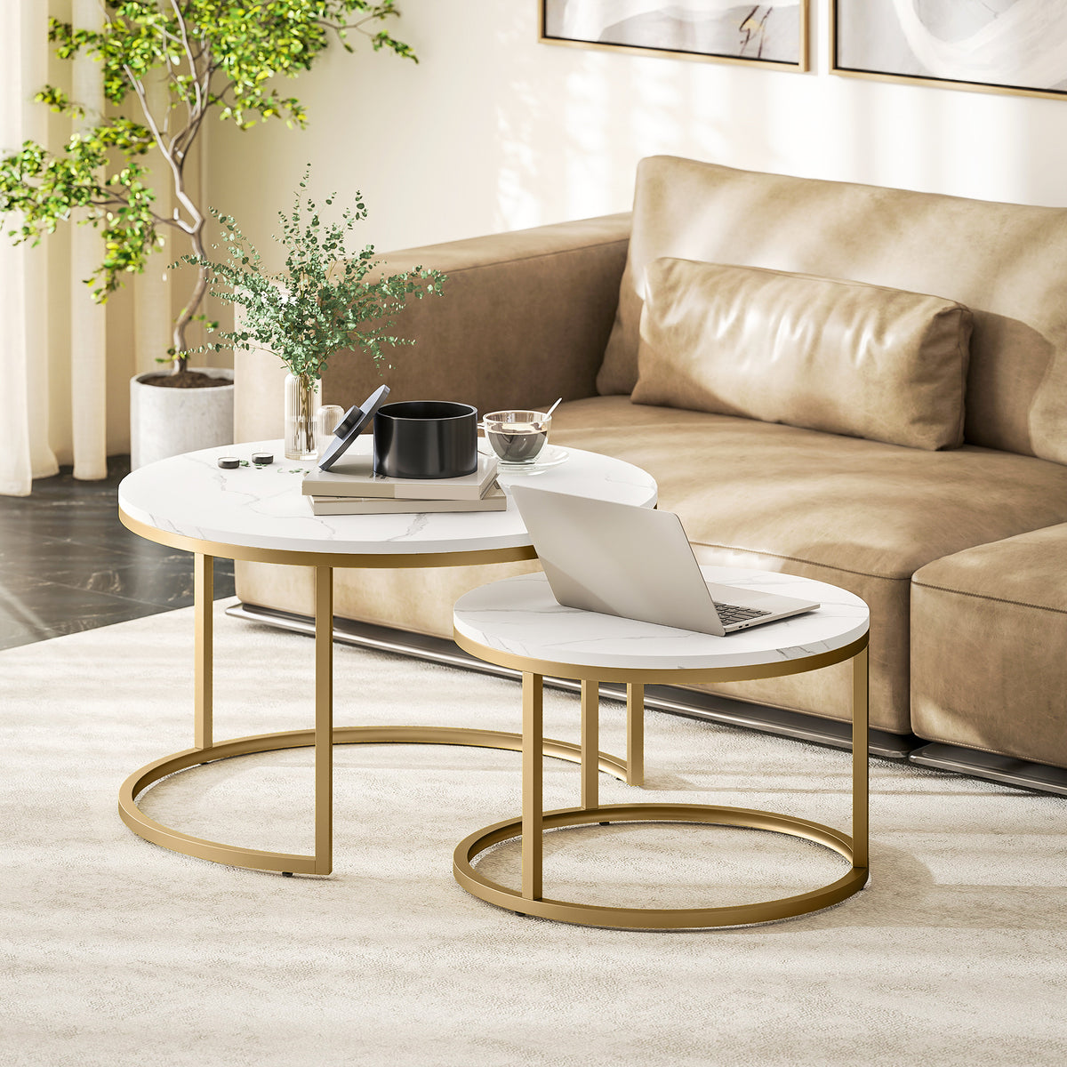 HOMCOM 2er-Set runde Couchtische, stapelbare Beistelltische mit Metallrahmen, Wohnzimmertisch in – Produktabbildung 2