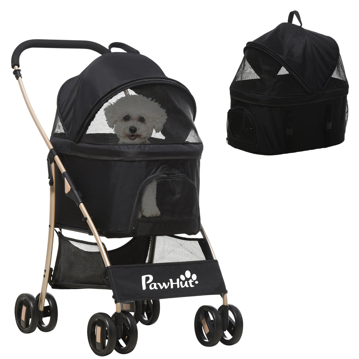PawHut 2-in-1 Hundewagen und Transportkorb bis 10 kg Klappbar Netzfenster Bodenkorb 82 cm x 49,5 cm x 98 cm