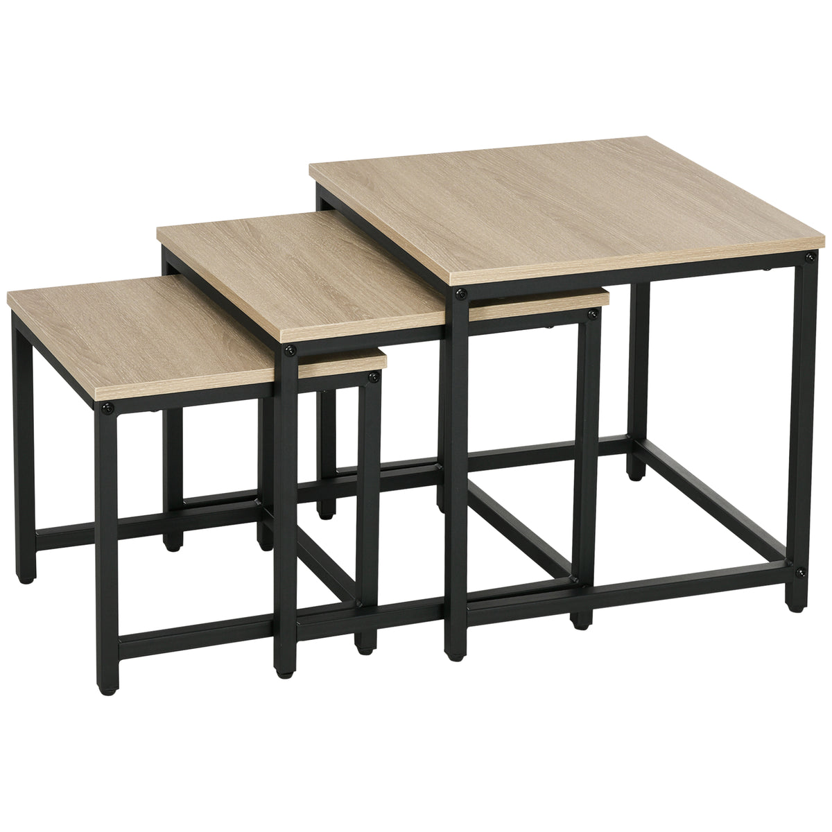 HOMCOM Satztisch-Set aus 3 Beistelltischen, Industrial Design, schwarzer Stahlrahmen, Tischplatte in