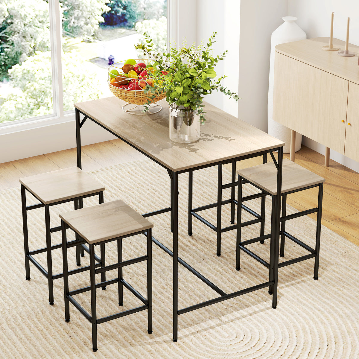 HOMCOM Bartisch-Set Stehtisch mit 4 Barhockern 5-teiliges Tischset Stahl Eiche – Produktabbildung 2
