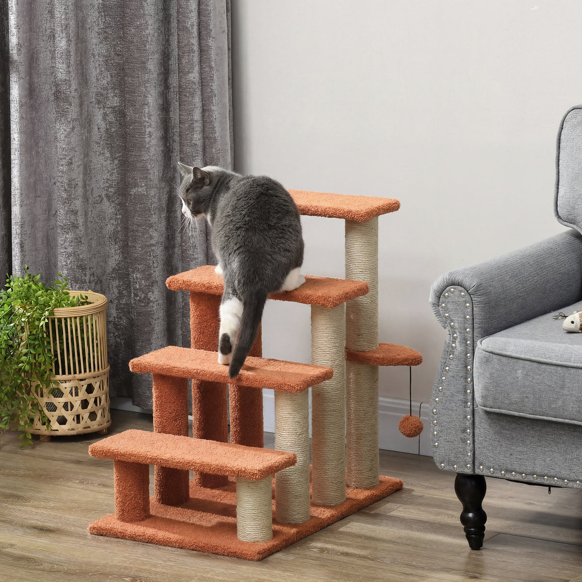 PawHut Haustiertreppe, Kratzbaum, 4-stufig, für Tiere bis 5 kg, 60x40x64cm, Braun – Produktabbildung 2