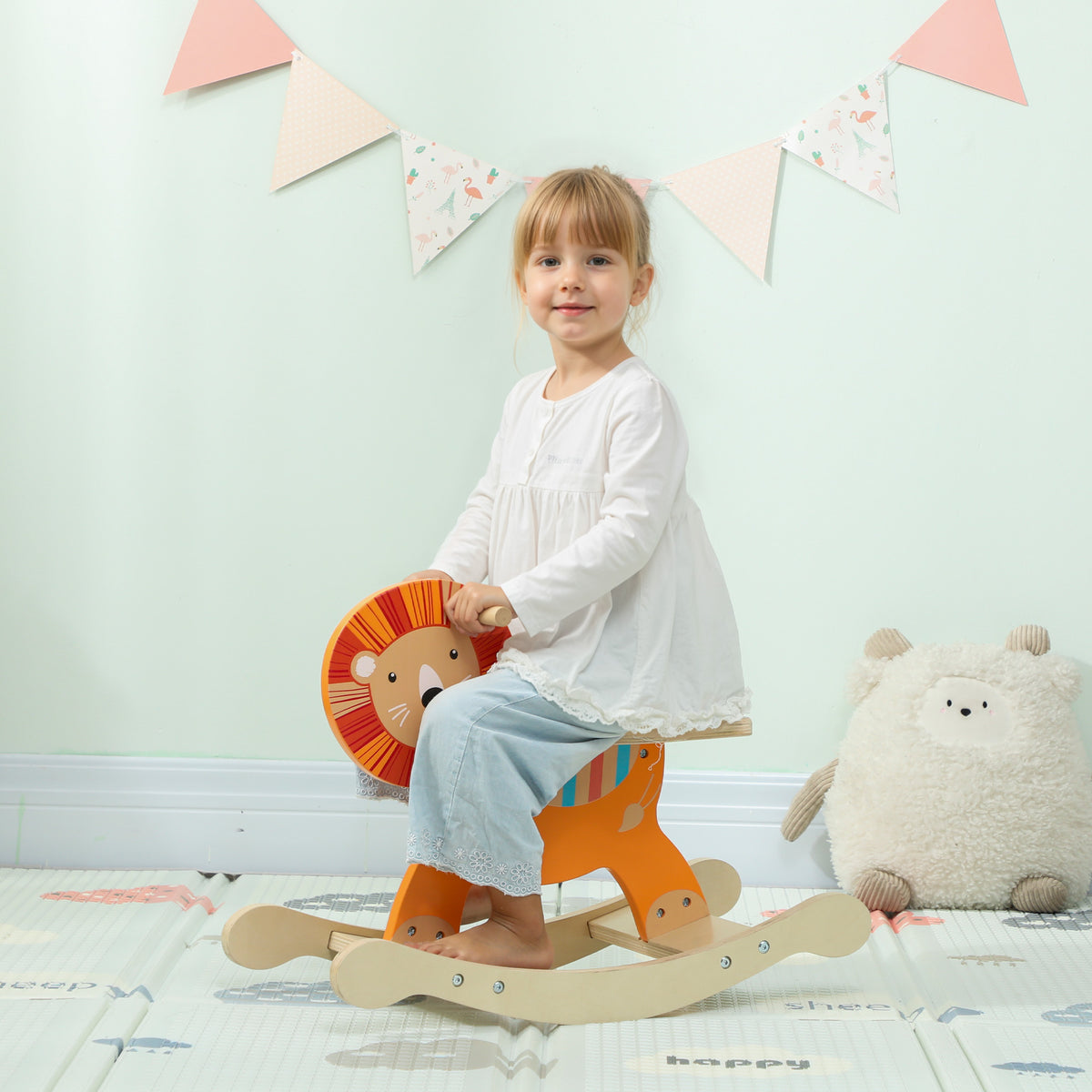 Schaukelpferd mit Löwen-Design, 25 kg Belastbarkeit, 2-5 Jahre, Holz, Orange – Produktabbildung 2