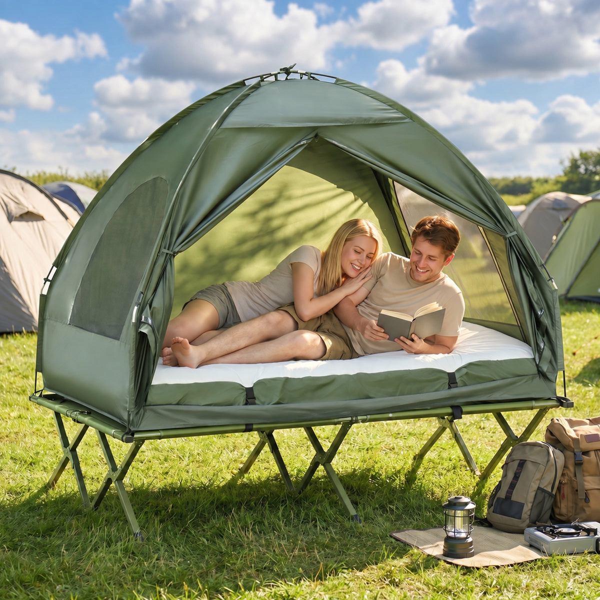 Outsunny Campingzelt-Set für 2 Personen mit Feldbett und Luftmatratze Grün – Produktabbildung 2