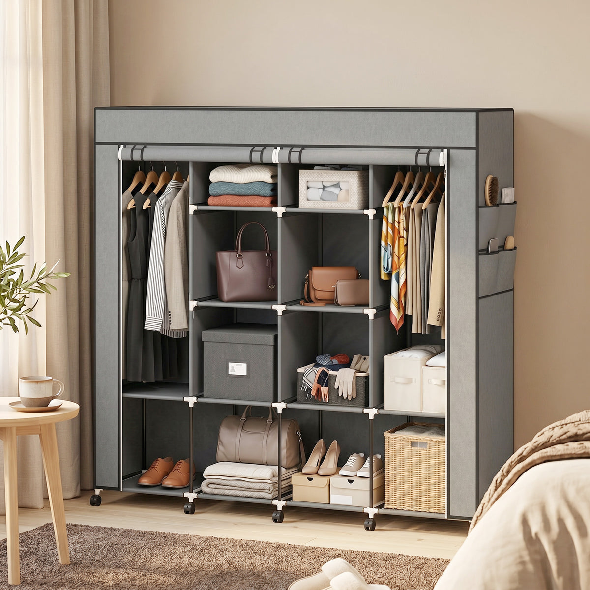 HOMCOM Kleiderschrank Stoffschrank, Türen, 2 Kleiderstangen, 10 Fächer, Grau – Produktabbildung 2