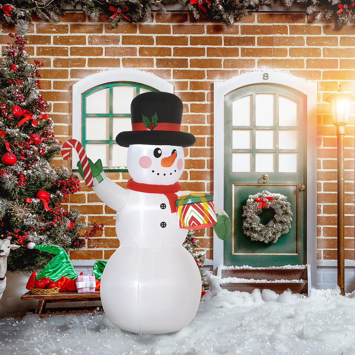 Outsunny 1,80 m Schneemann mit Zuckerstange & Geschenk, selbstaufblasbar, LEDs, wetterfest – Produktabbildung 2