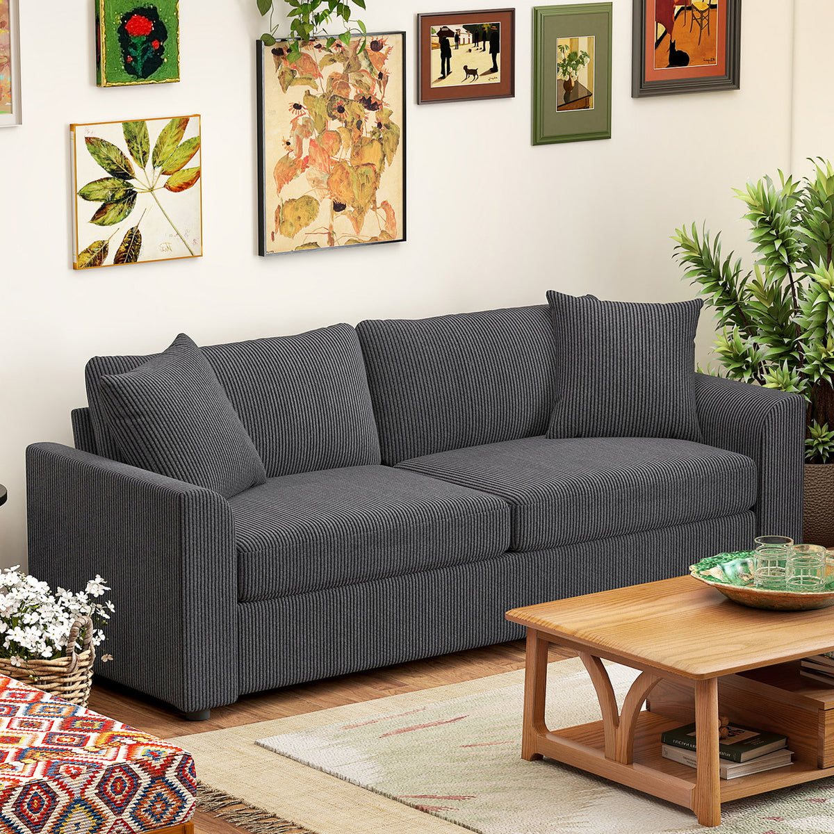 HOMCOM 3-Sitzer-Sofa mit Zierkissen, Cordsofa für Wohnzimmer, Schlafzimmer, 212 cm breit, Dunkelgrau – Produktabbildung 2