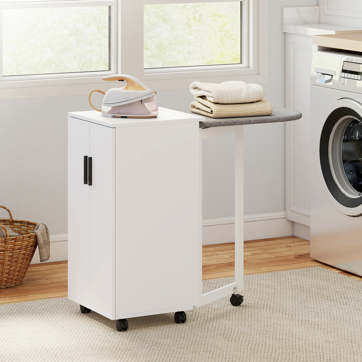 HOMCOM 2-in-1 faltbarer Bügelbrettschrank auf Rollen mit Bügelbrett und verstellbarem Regal für kleine – Produktabbildung 2