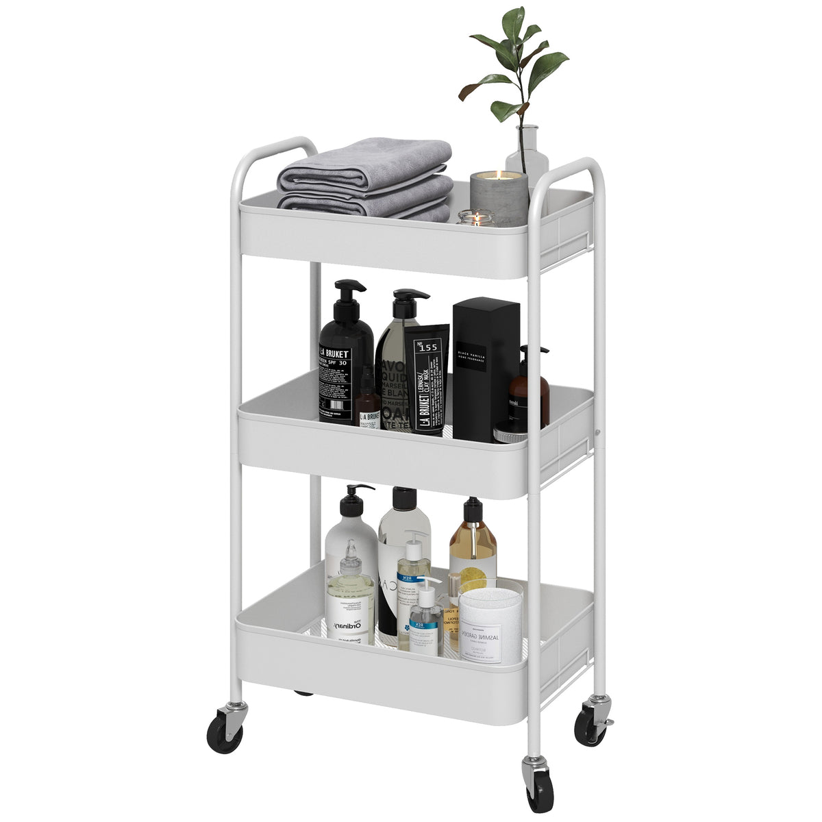 HOMCOM Mehrzweckwagen Rollwagen Küchenwagen, 3 Regale, 4 Rollen, 45 cm x 30,6 cm x 79 cm, Weiß