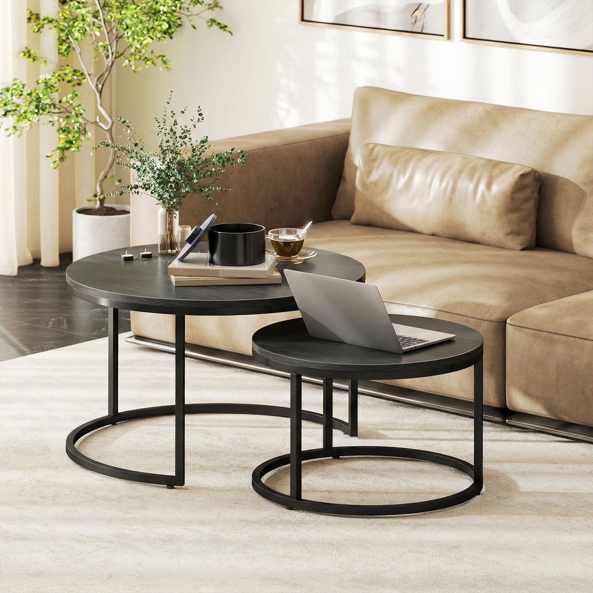 HOMCOM Modernes Kaffeetisch 2er-Set, Stapelbare Beistelltische mit Metallgestell für Wohnzimmer – Produktabbildung 2