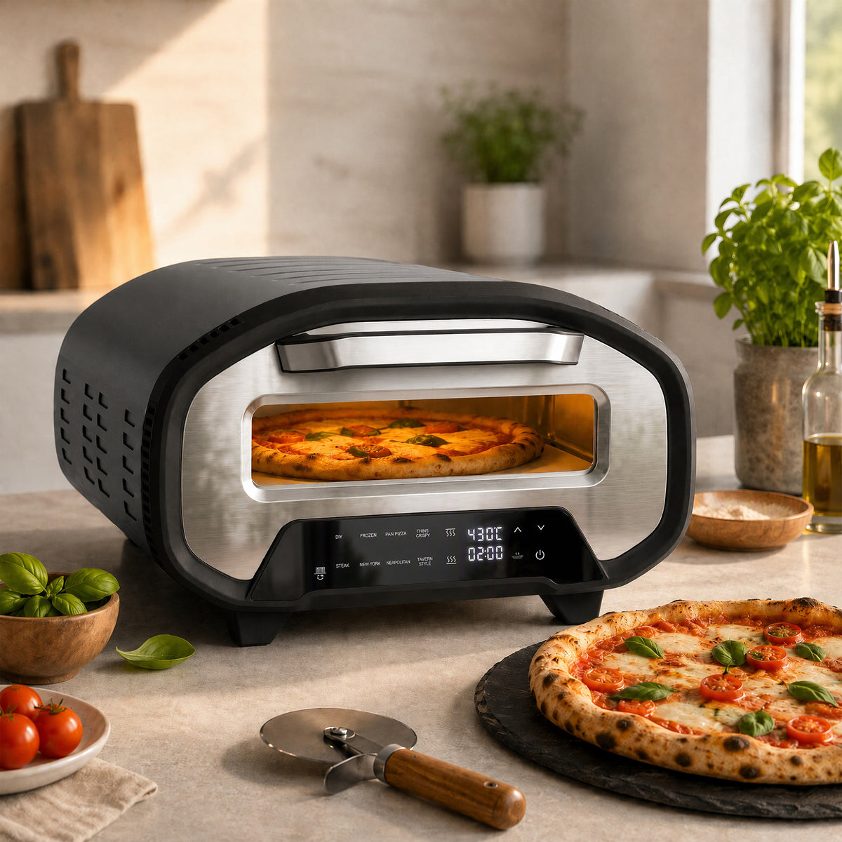 HOMCOM Pizzaofen für innen, 12 Zoll elektrischer Pizzaofen mit 8 Programmen, 430 °C, Timer, Keramikstein – Produktabbildung 2
