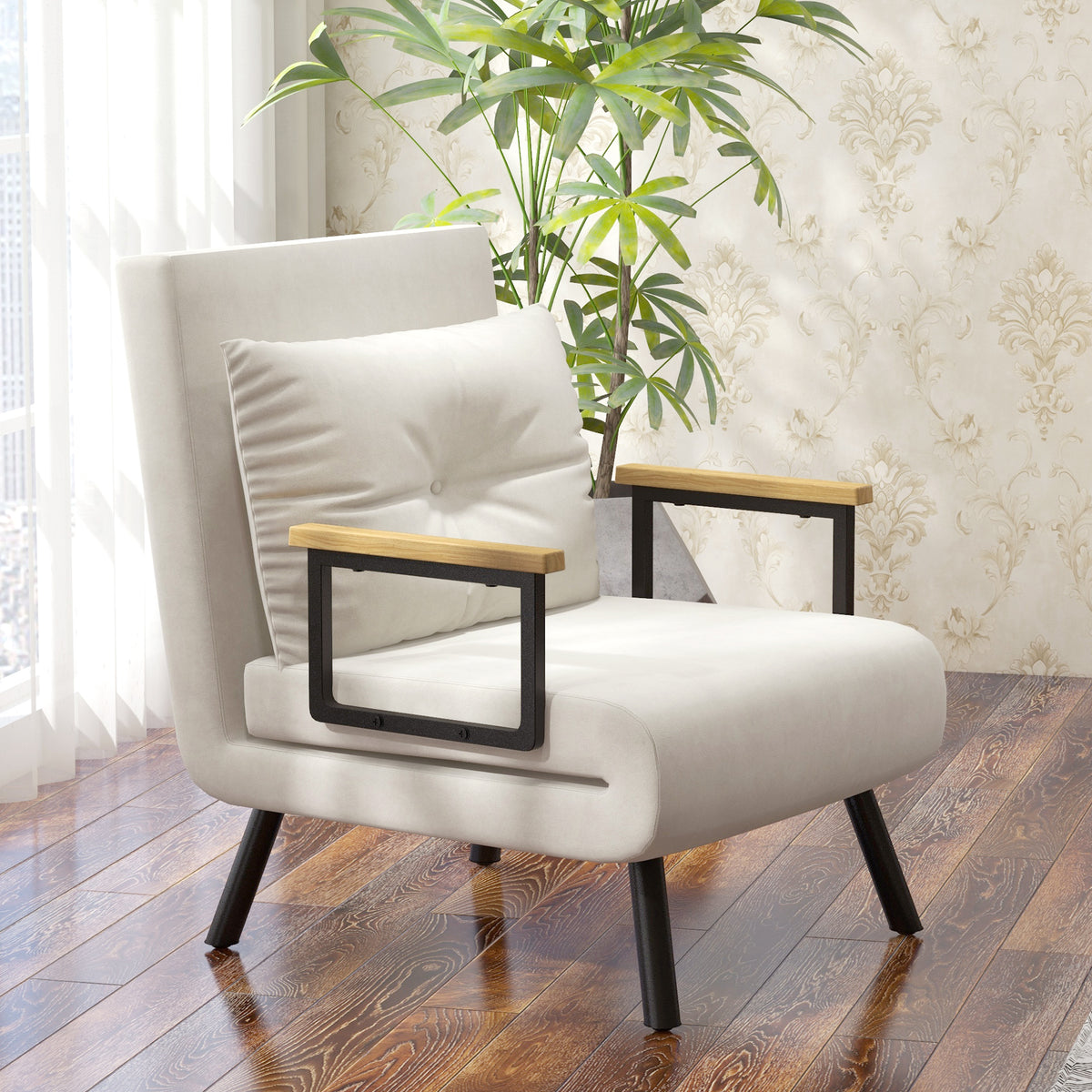 HOMCOM Relaxsessel im Skandidesign, Liegesessel, Lesesessel. ink. Kissen mit Knopfhefung, Cremeweiß – Produktabbildung 2