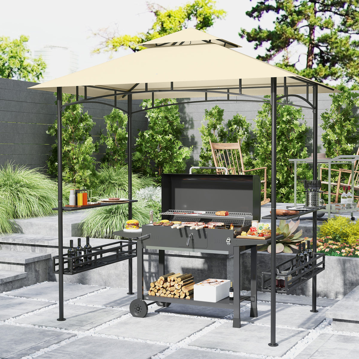 Outsunny Grill-Zelt, BBQ-Zelt, Gartenpavillon mit 2 Regalen, Aufbewahrungskörbe, Haken, für Terrasse – Produktabbildung 2
