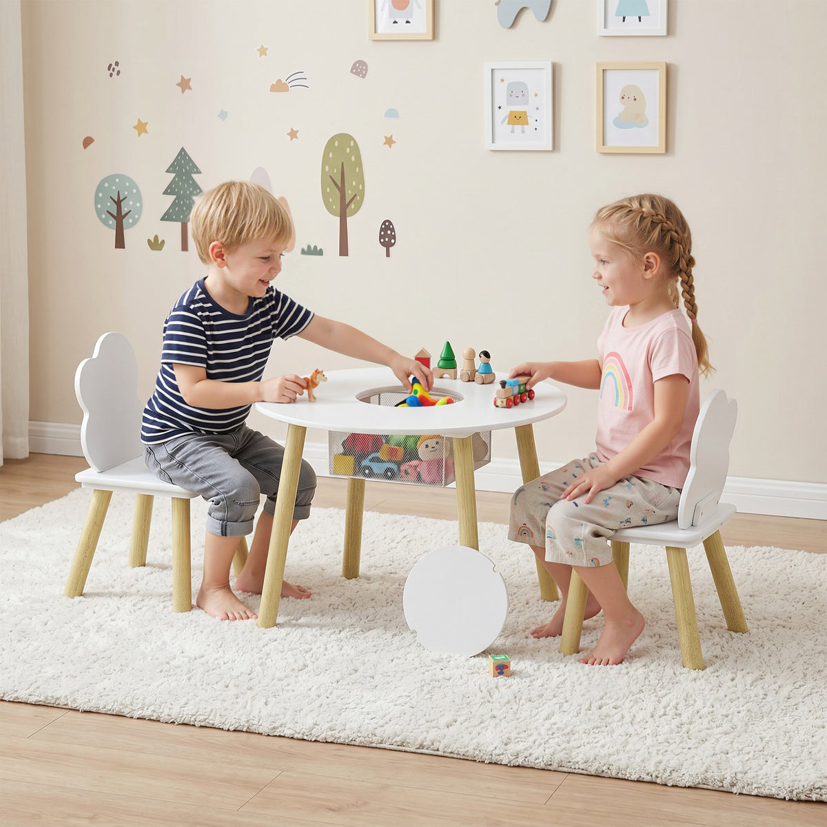 Kindertisch mit Stühlen und Aufbewahrung, 3-teiliges Kinder-Möbelset in Weiß und Natur für Spielzimmer – Produktabbildung 2