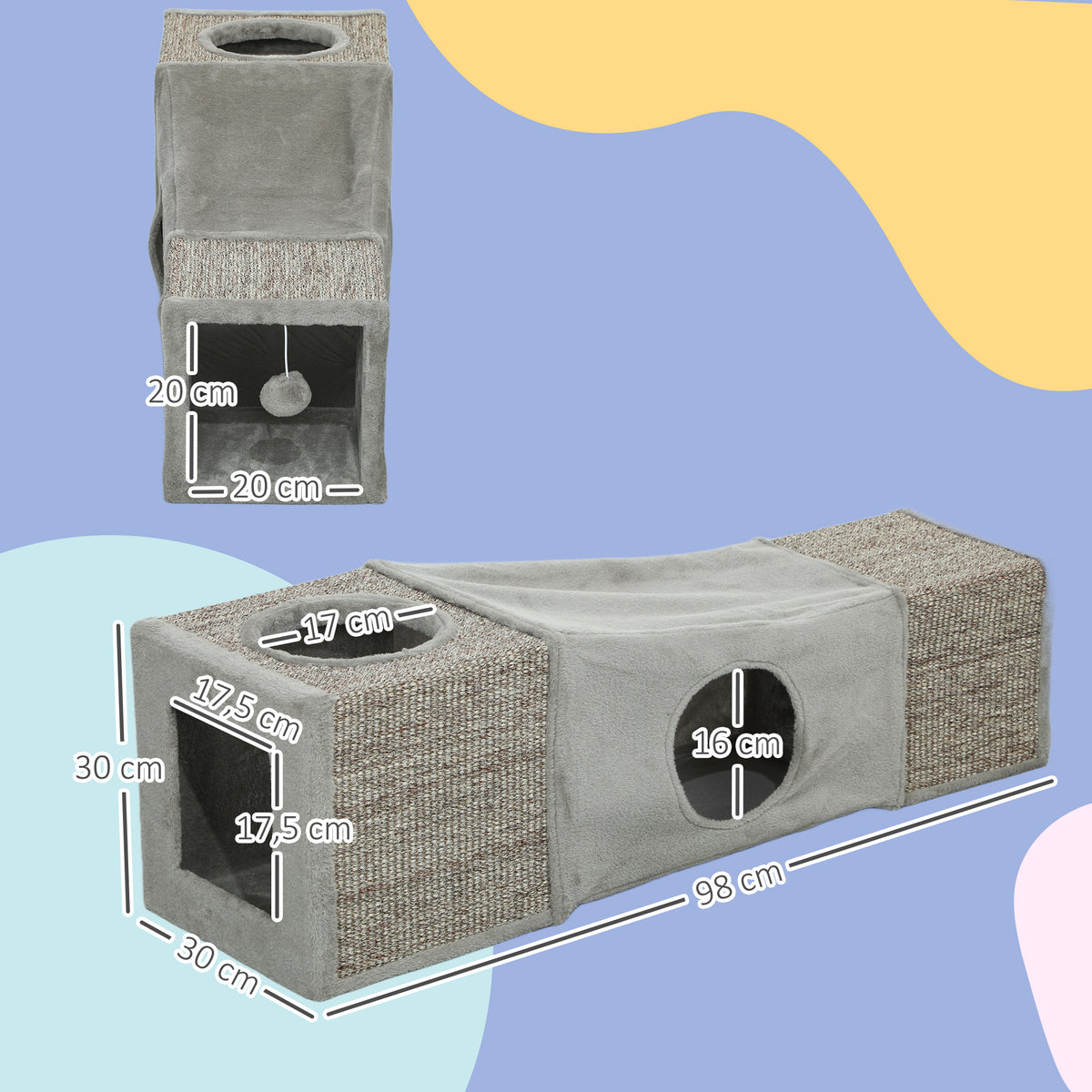 PawHut Katzentunnel, 2 Katzenhöhlen, Kratzflächen und Ballspielzeug, 98 cm x 30 cm x 30 cm, Braun + Grau – Produktabbildung 3