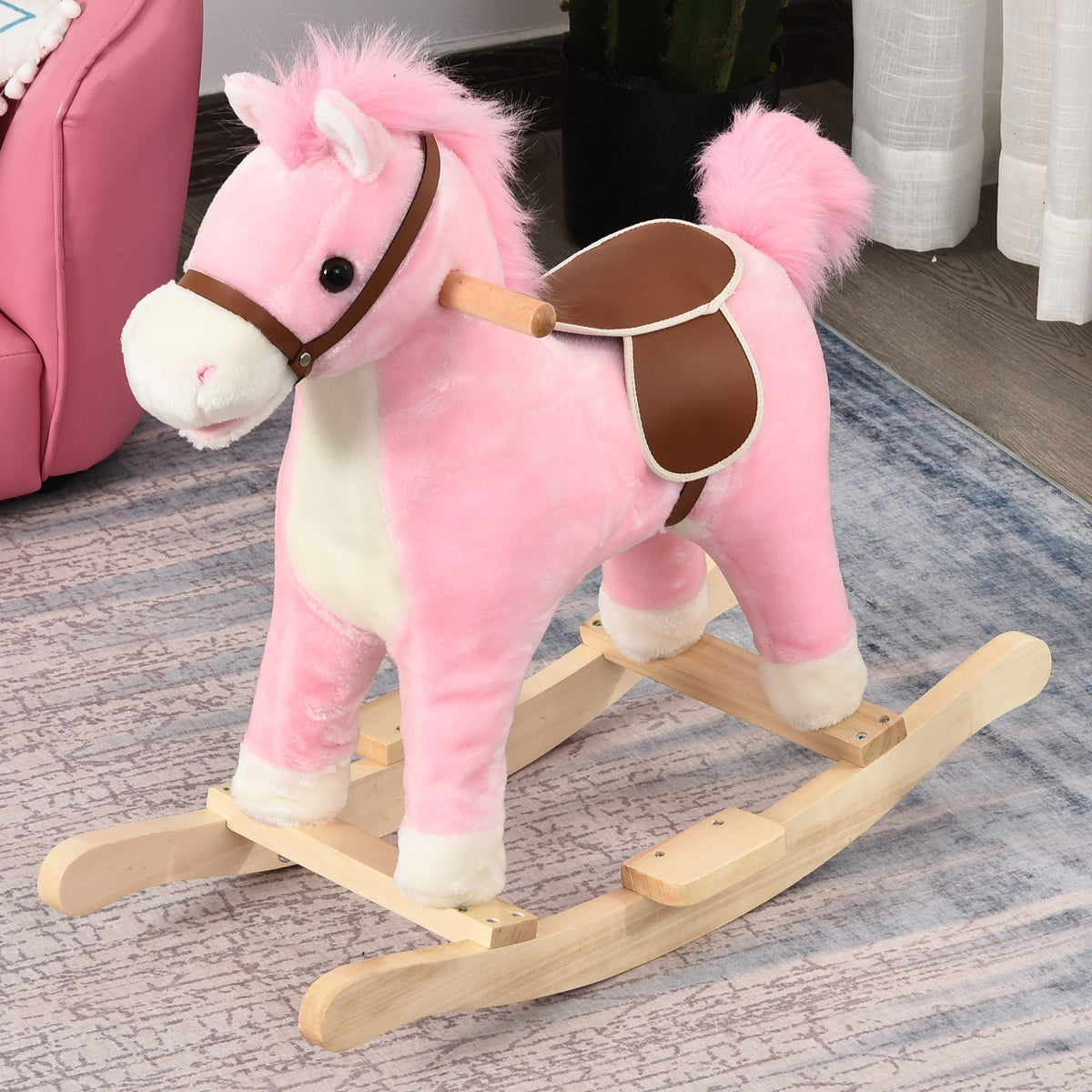 HOMCOM Kinder Schaukelpferd Baby Schaukeltier Pferd mit Tiergeräusche Spielzeug Haltegriffe für 36-72 – Produktabbildung 2