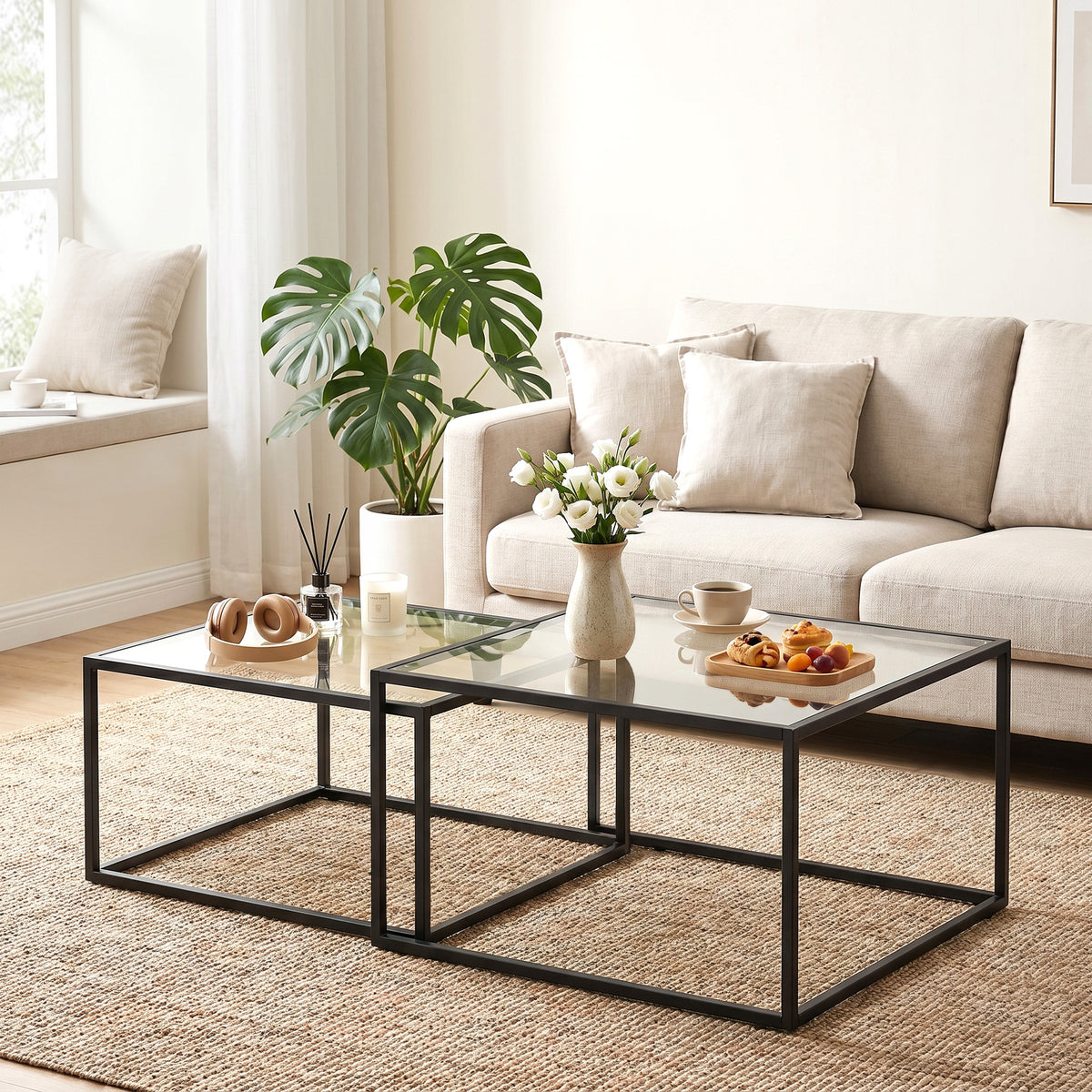 HOMCOM Couchtische 2er-Set Satztisch mit gehärteter Glasplatte und Metallrahmen, für Wohnzimmer Schwarz – Produktabbildung 2