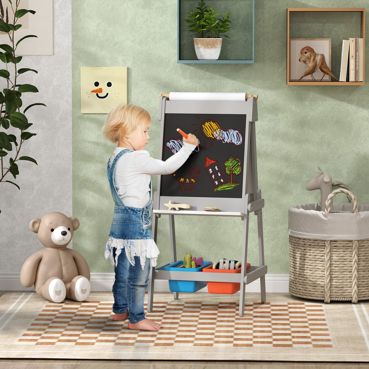 Doppelseitige Kindermalstaffelei mit Papierrolle, Kreidetafel, Whiteboard, 3-in-1-Design, zum Zeichnen – Produktabbildung 2