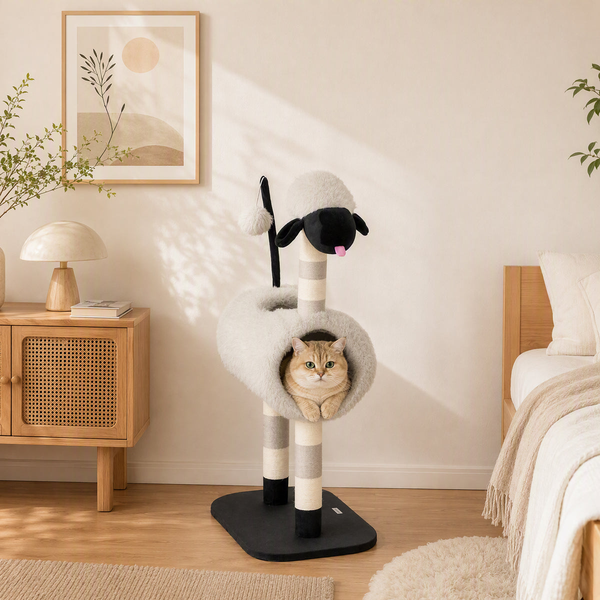 PawHut Katzenbaum im Schaf-Design, mit Kratzpfosten, Tunnel und Spielzeug, 98 cm, Hellgrau – Produktabbildung 2