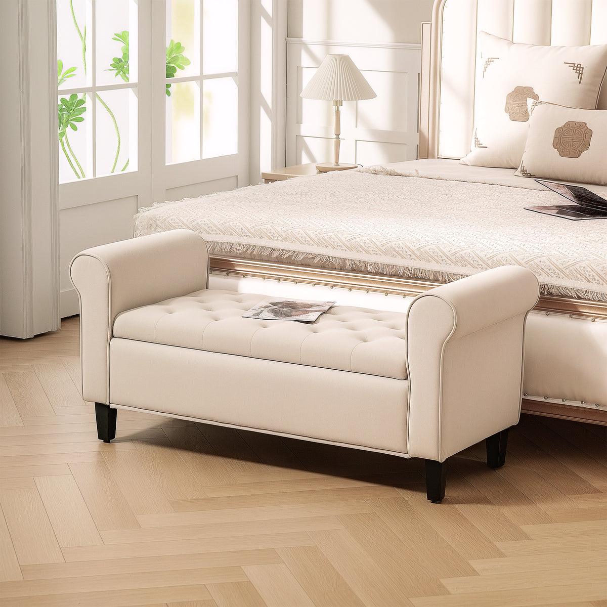 HOMCOM Sitzbank im Vintage-Design, Sitzbank mit Stauraum, Samtoptik, Beige – Produktabbildung 2