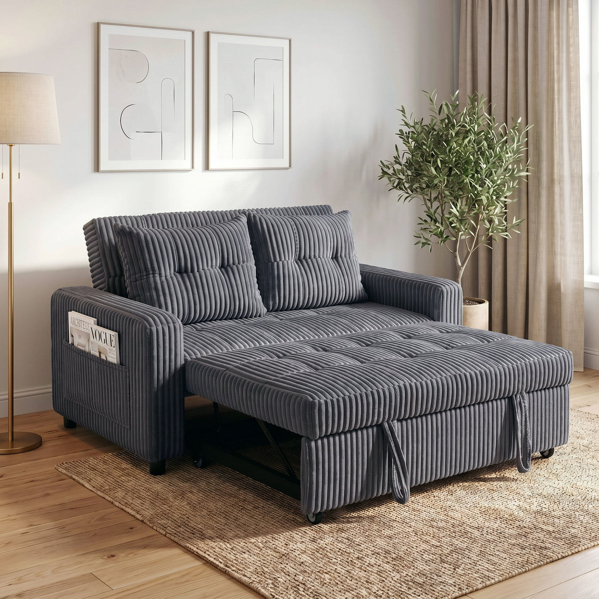 HOMCOM 2-Sitzer Sofabett, Cordbezug, zum Schlafsofa umwandelbar, 2 Kissen, Seitentaschen, 157 x 190 cm – Produktabbildung 2