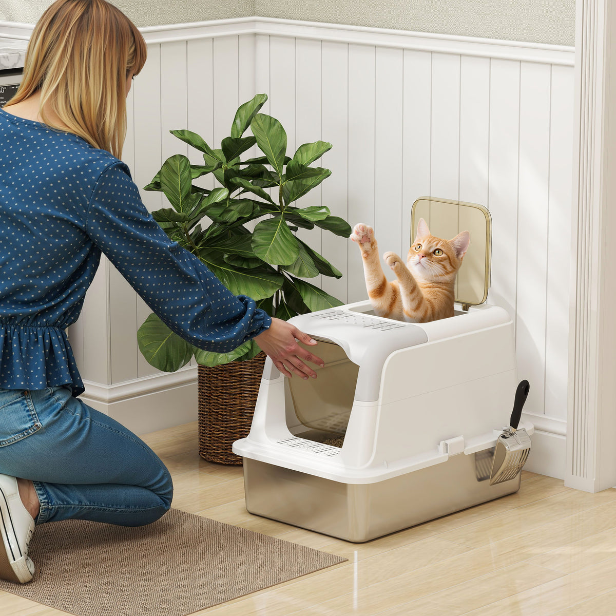 PawHut Katzenklo, Katzentoilette mit Deckel, Streuschaufel, vorne Eingang und ober Ausgang Edelstahl bis – Produktabbildung 2