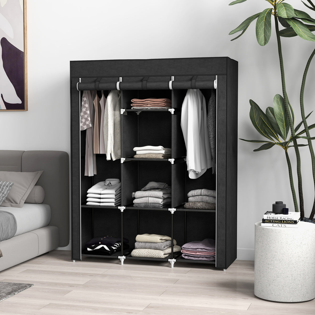HOMCOM Schrank aus Stoff, Aufbewahrungslösung, 8 Regale, 2 Kleiderstangen, Schwarz – Produktabbildung 2