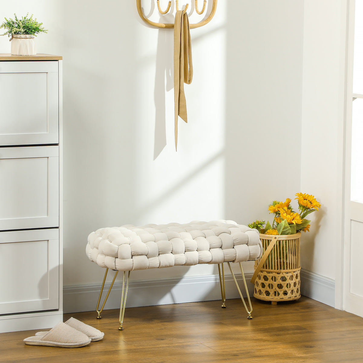HOMCOM Moderner Sitzhocker mit Metallbeinen, gepolstertem Sitz, für Wohnzimmer, Schlafzimmer, Flur – Produktabbildung 2