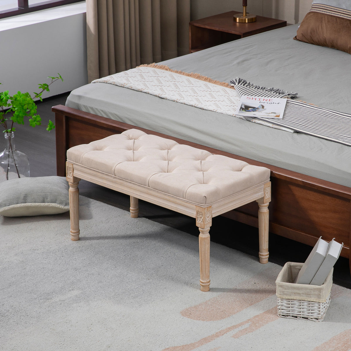 HOMCOM Sitzbank Vintagedesign Vintagebank, Knopfheftung, gedrechselte Beine, Shabby Chic, Creme – Produktabbildung 2