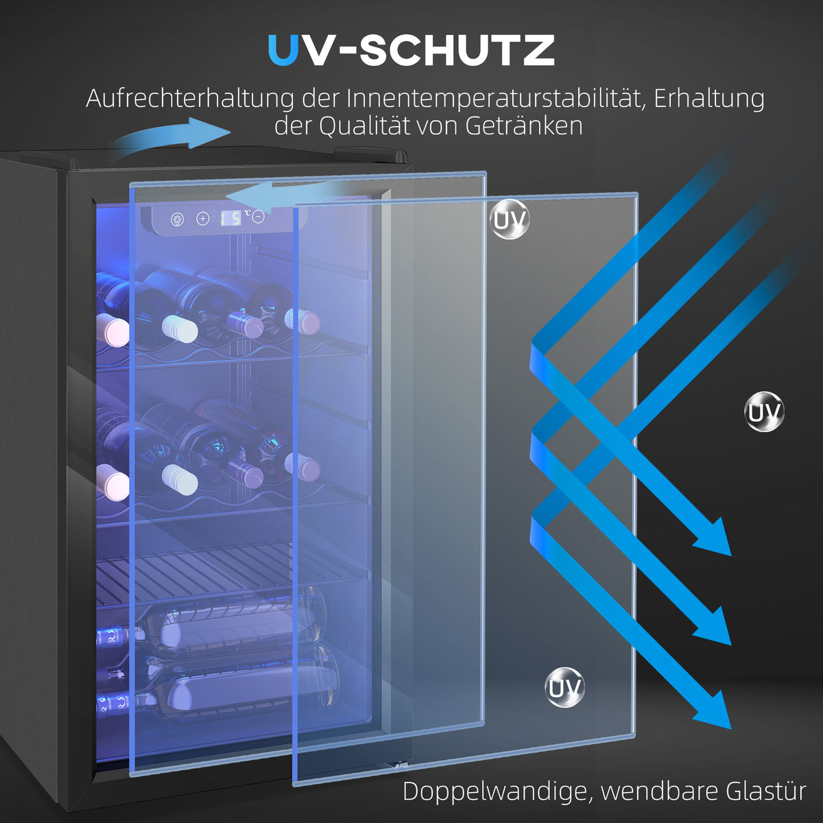 HOMCOM Weinkühlschrank 24 Flaschen, 68 Liter Kapazität, 4–16 °C Standgerät für Getränke, Bier und Wein – Produktabbildung 8