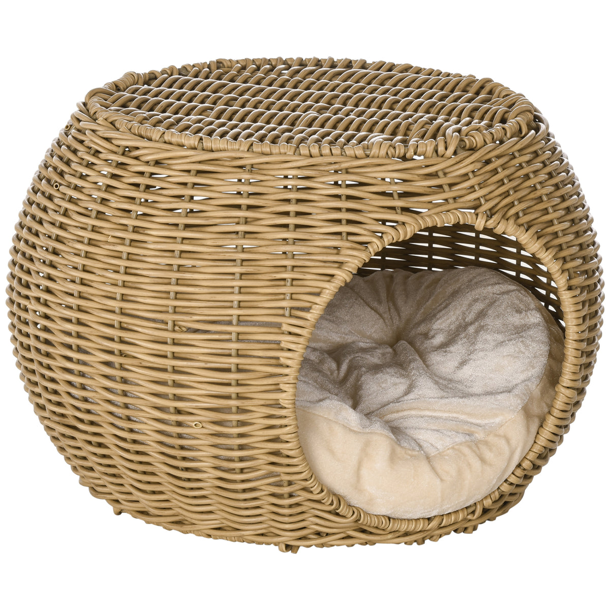 PawHut Katzenkorb Rattan zweistöckig Katzenbett Katzenkörbchen mit Kissen Vordertür für Katze unter 3,5 kg