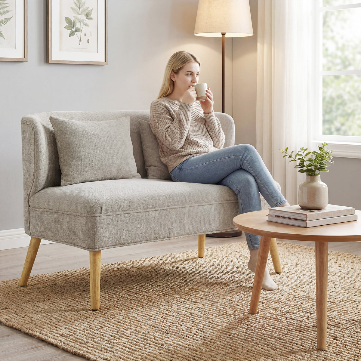 HOMCOM 2-Sitzer-Sofa, kleines Chenille-Sofa mit Flügelrücken, dickem Sitz, Gummibaumholzfüßen, Beige – Produktabbildung 2