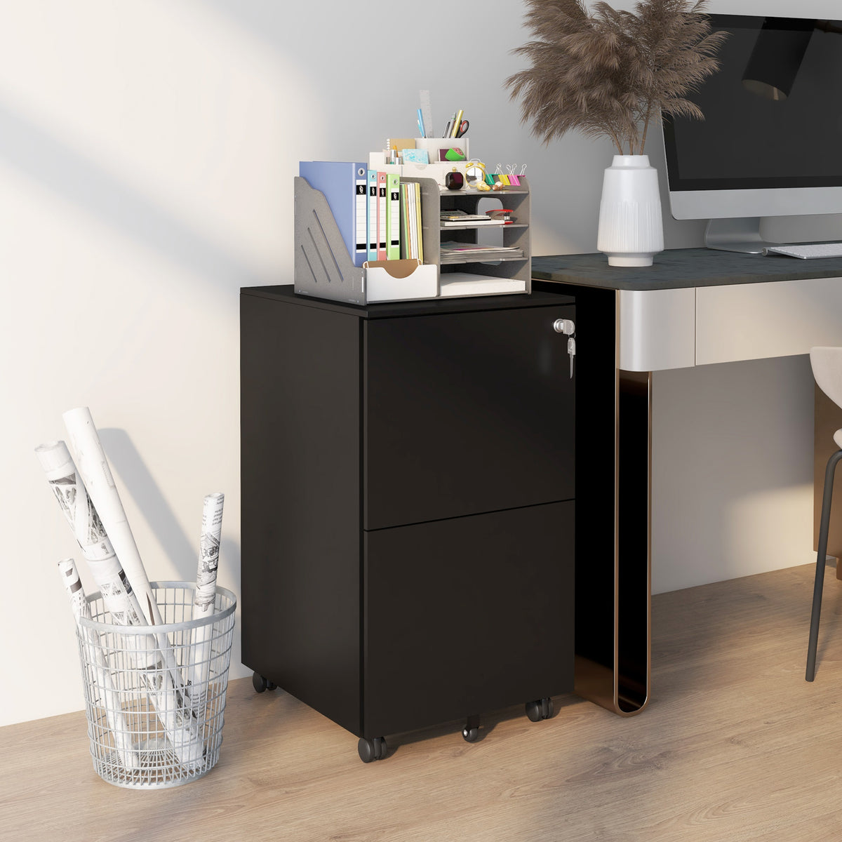 Vinsetto Rollcontainer Aktenschrank, 2 Schubladen, ab­schließ­bar, rollbar, 37 cm x 43,5 cm x 67,5 cm – Produktabbildung 2