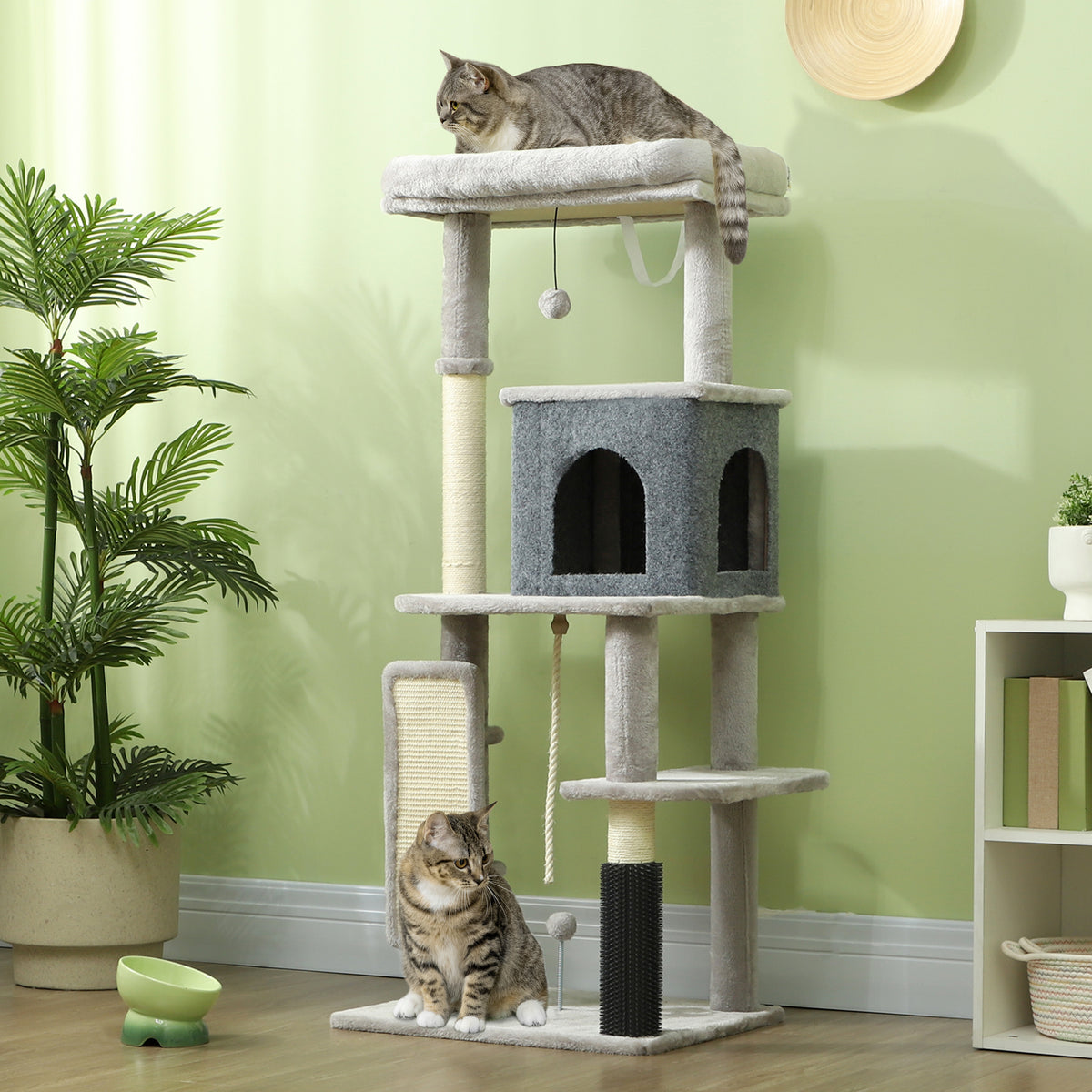 PawHut 132 cm Katzenbaum mit Kratzpfosten, Bett, Haus, Sprungplattformen, Pflegebürste, Hellgrau – Produktabbildung 2