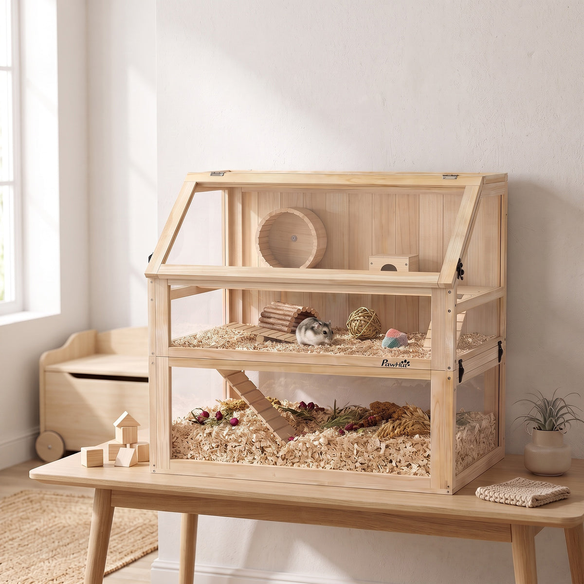 PawHut Hamsterkäfig aus Holz 3 Etagen Nagarium Nagerkäfig mit klappbarem Deckel Laufrad 80 x 50 x 76 cm – Produktabbildung 2