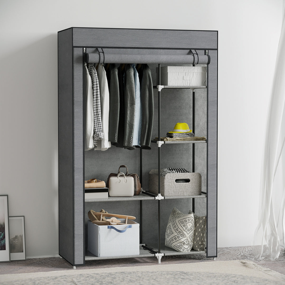 HOMCOM Schrank aus Stoff, Aufbewahrungslösung, 6 Regale, 1 Kleiderstange, Dunkelgrau – Produktabbildung 2