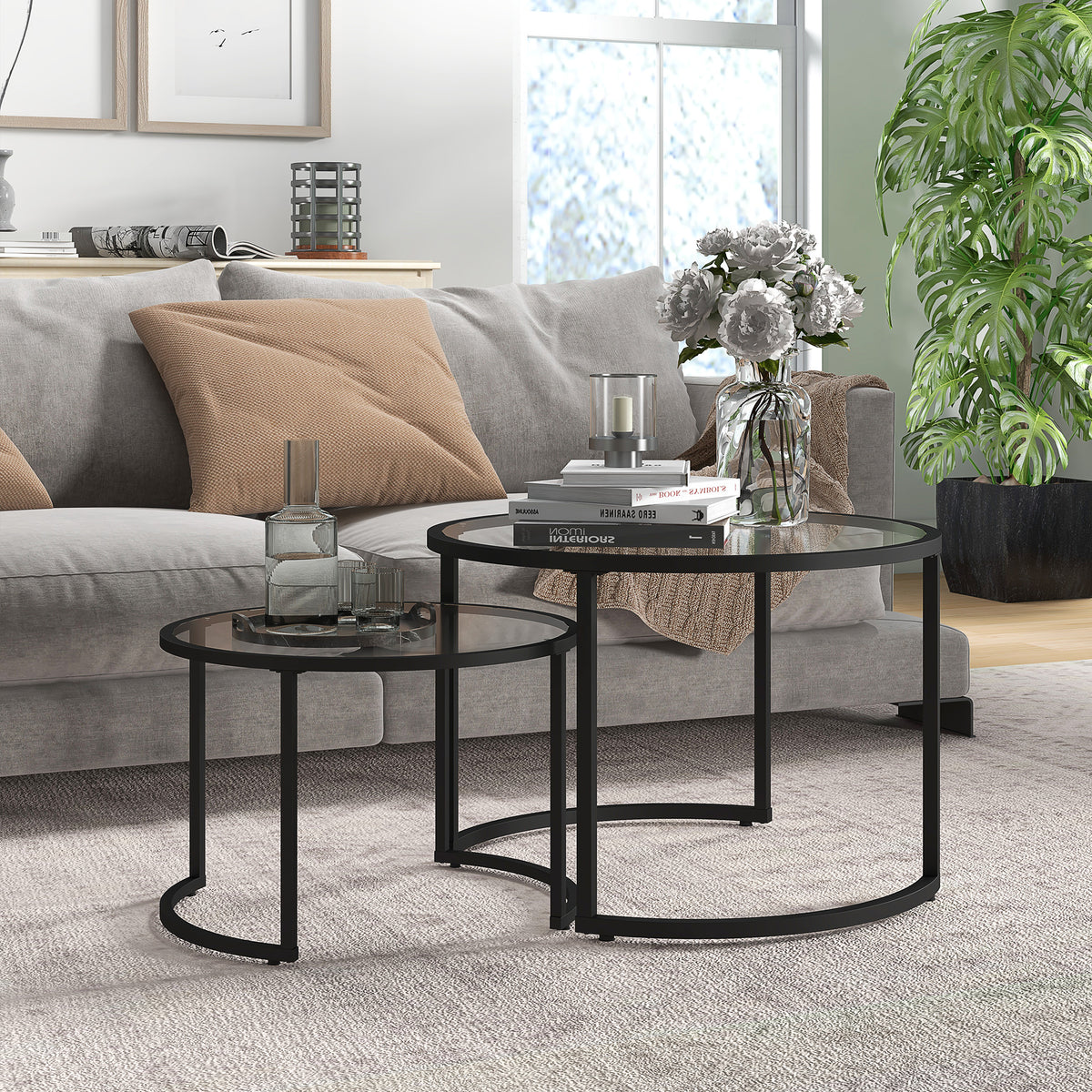 HOMCOM 2er-Set Beistelltische Couchtische Industrie-Design, Glastische, stapelbar, Schwarz + Transparent – Produktabbildung 2