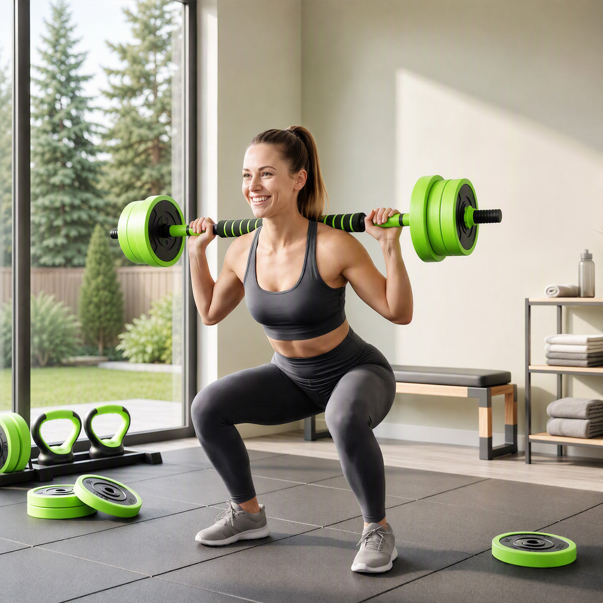 4 in 1 Hanteln Set 20 kg verstellbare Kurzhantel & Langhantel Kettlebell Liegestützgriffe Grün – Produktabbildung 2