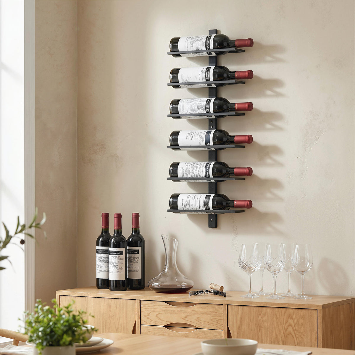 HOMCOM Weinregal, Wandregal für 6 Flaschen Wein, 6 Ebenen, Stahlrohr, für Küche, Wohnzimmer, Hausbar – Produktabbildung 2