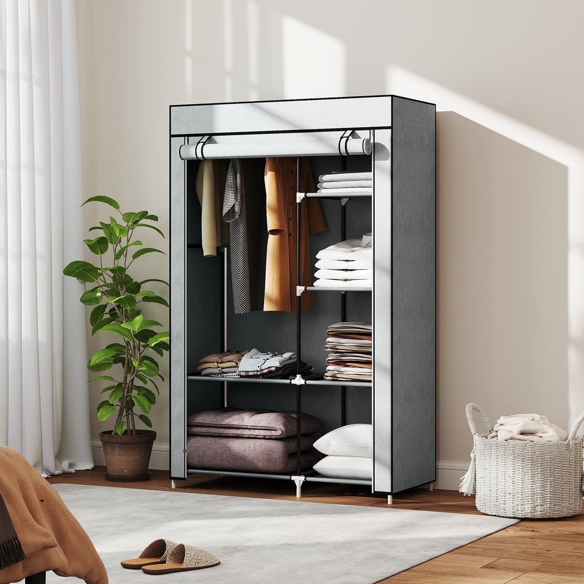 HOMCOM Schrank aus Stoff, Aufbewahrungslösung, 6 Regale, 1 Kleiderstange, Hellgrau – Produktabbildung 2