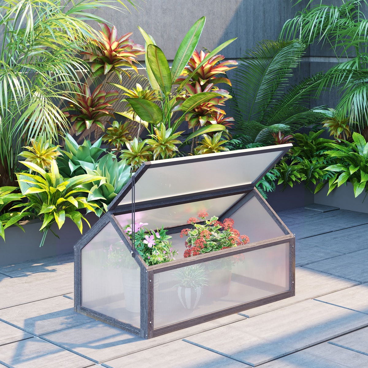 Outsunny Mini-Gewächshaus, Kompaktes Pflanzenhaus aus Holz, Polycarbonat-Platten, Belüftungsöffnung, 90L – Produktabbildung 2