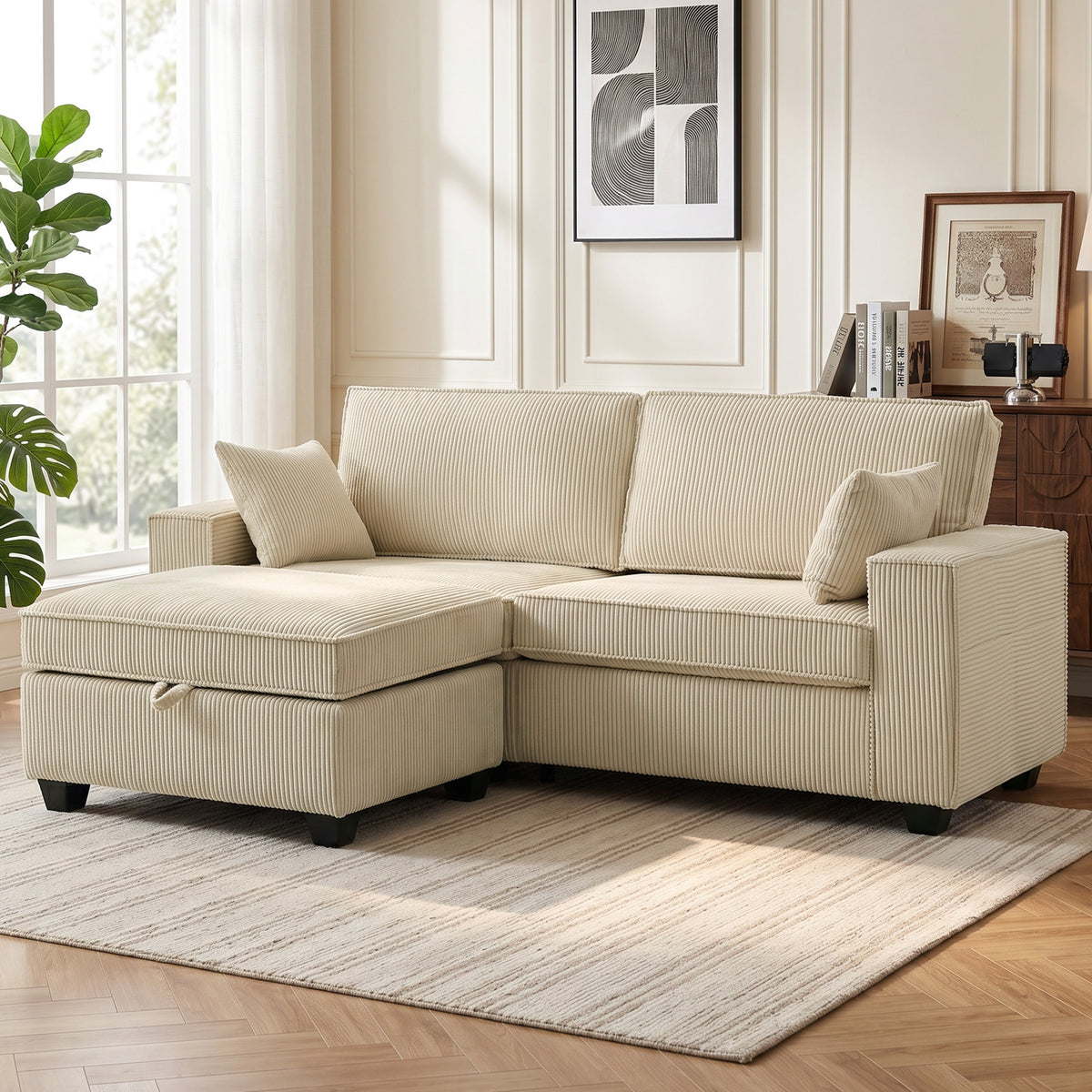 HOMCOM Ecksofa 216 cm 3-Sitzer L-Form Sofa mit Umkehrbarem Aufbwahrungshocker, Cord-Optik, Breiter – Produktabbildung 10